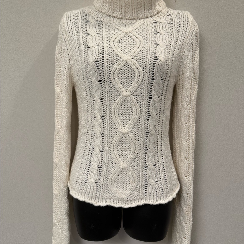 Ivory Cable Knit Wool Blend Long Sleeve Turtleneck Sweater by RGL Size S